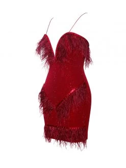 Miss Circle One In A Million Crystal And Fur Red Stretch Crepe Dress New In