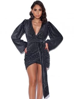 Miss Circle Sale Time To Shine Black Silver Sparkling Stripe Velvet Draped Dress