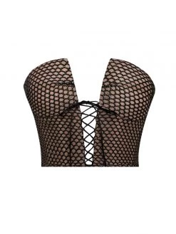 Miss Circle Lexie Black Metallic Fishnet Lace Up Draping Dress