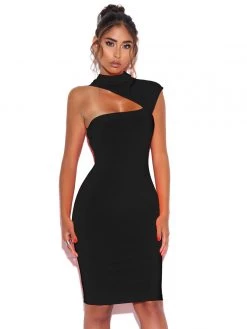 Miss Circle Dresses Jolene Black Asymmetric Neck Cutout Detail Stretch Crepe Dress