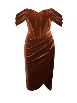 Miss Circle Omaria Tan Velvet Off Shoulder Corset Dress Corsets