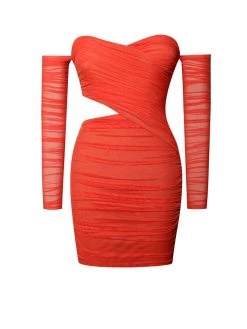 Miss Circle Dresses Mayara Scarlet Off Shoulder Mesh Cutout Dress