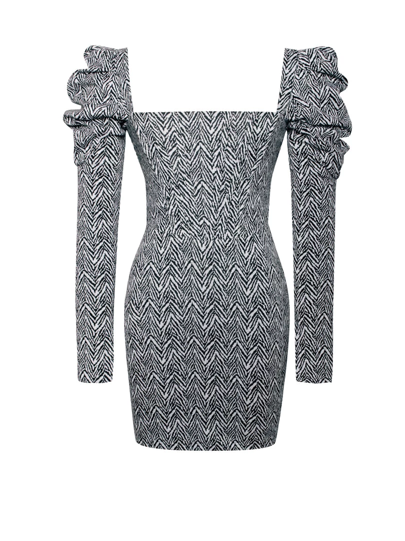 Miss Circle Petra Herringbone Puff Long Sleeve Dress