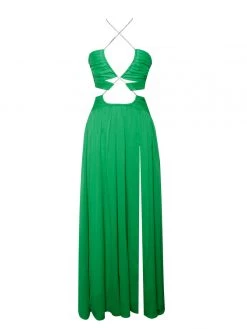 Miss Circle Quinby Green Silk Pleated Lace Up Maxi Dress Dresses