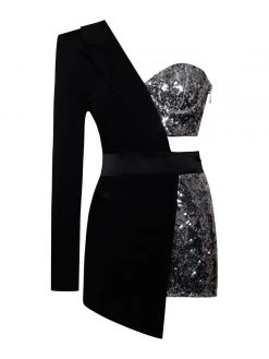 Miss Circle New In Skylynn Sequin Black One Sleeve Blazer Romper