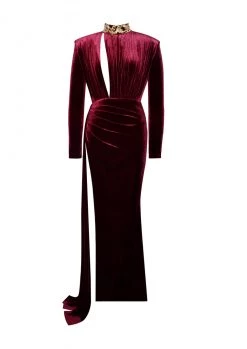 Miss Circle Zenaida Burgundy Cutout High Slit Velvet Gown