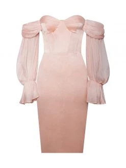 Miss Circle Dresses Lydia Blush Satin Off Shoulder Puff Sleeve Dress