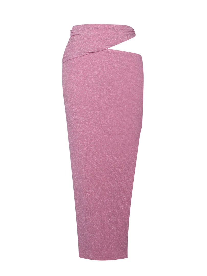 Miss Circle Toira Salmon Pink Metallic Cutout Jersey Skirt Bottoms