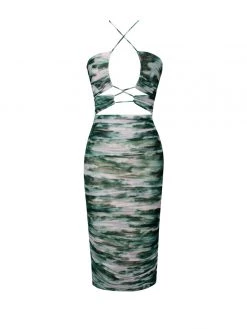 Miss Circle Sale Quincee Green Mesh Print Cutout Lace Up Dress