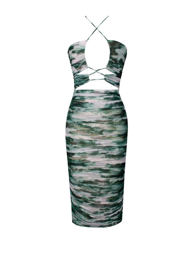 Miss Circle Sale Quincee Green Mesh Print Cutout Lace Up Dress