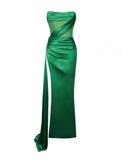 Miss Circle Holly Green Crystallized Corset High Slit Satin Gown