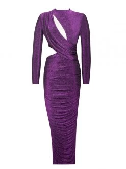 Miss Circle Payson Purple Long Sleeve Metallic Jersey Cutout Dress Dresses