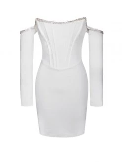 Miss Circle Annika White Off Shoulder Long Sleeve Corset Dress With Crystal Trim Corsets