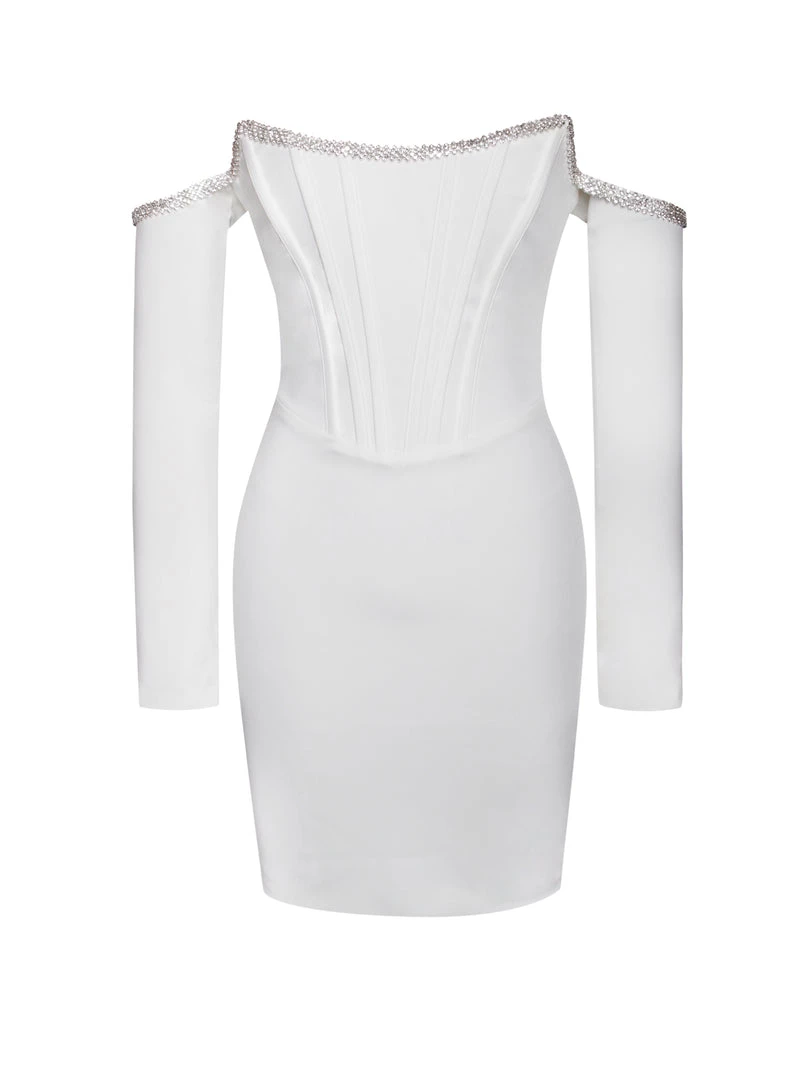 Miss Circle Annika White Off Shoulder Long Sleeve Corset Dress With Crystal Trim Corsets