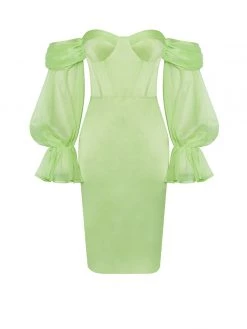 Miss Circle Sale Lydia Lime Satin Off Shoulder Puff Sleeve Dress