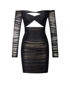 Miss Circle Dresses Tierra Black Mesh Off Shoulder Cutout Dress