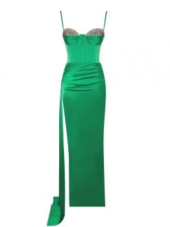 Miss Circle Vanity Green Satin High Slit Draping Corset Gown With Crystals