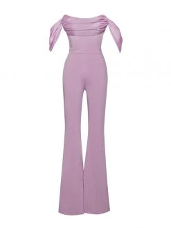 Miss Circle Sherlyn Mauve Off Shoulder Flared Crepe Jumpsuit New In