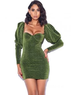 Miss Circle Verina Green Metallic Puff Shoulder Dress