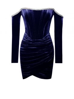 Miss Circle Odette Navy Velvet Off Shoulder Corset Dress With Crystal Trim