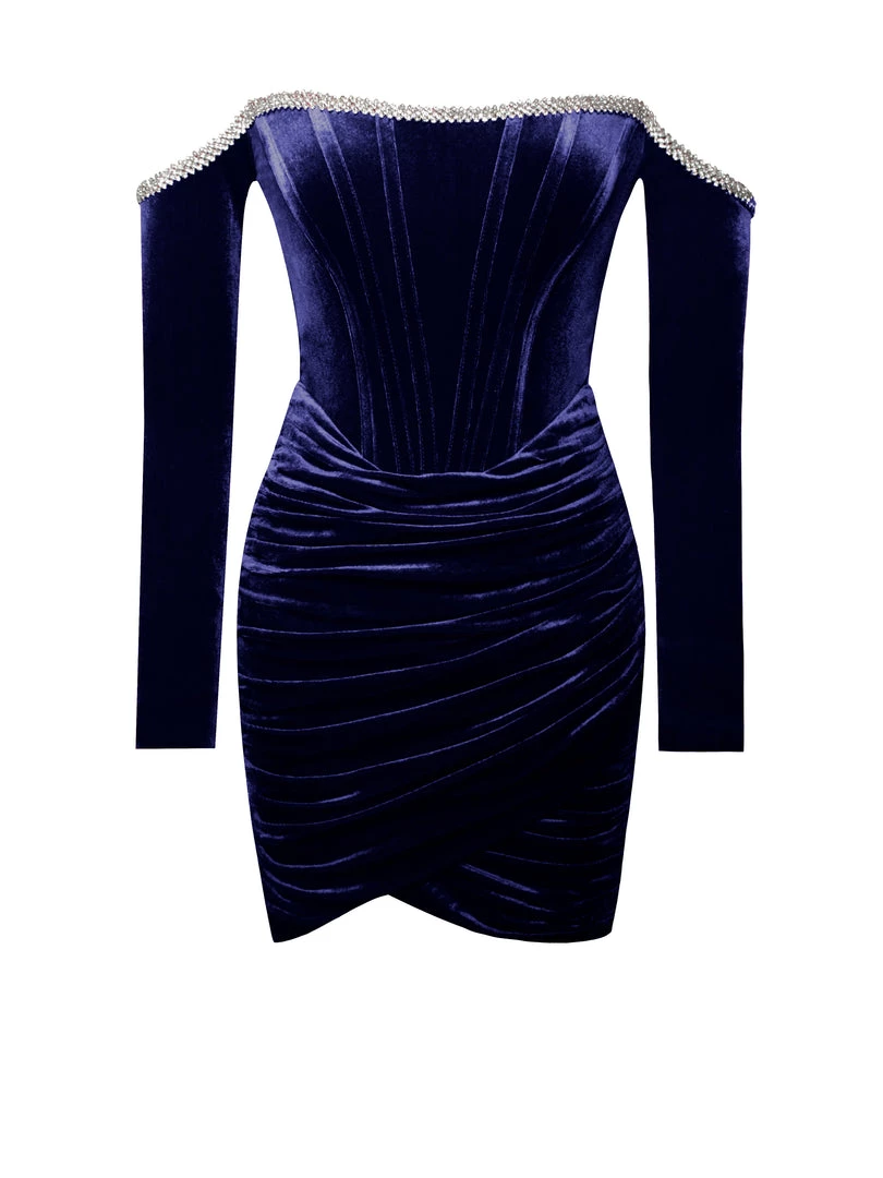 Miss Circle Odette Navy Velvet Off Shoulder Corset Dress With Crystal Trim