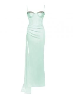 Miss Circle Corsets Vanity Mint Satin High Slit Draping Corset Gown With Crystals