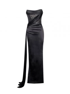 Miss Circle Holly Black Crystallized Corset High Slit Satin Gown