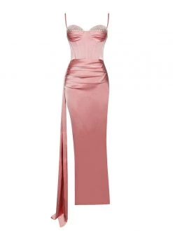 Miss Circle Vanity Blush Pink Satin High Slit Draping Corset Gown With Crystals Corsets