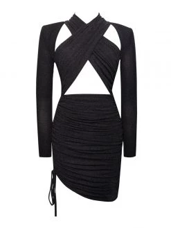 Miss Circle Urvi Black Long Sleeve Criss Cross Glitter Jersey Dress Dresses