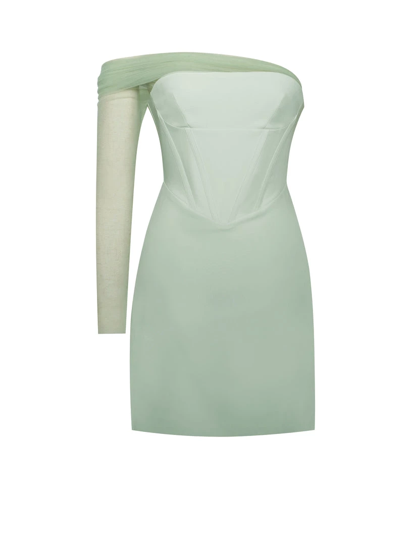Miss Circle Uma Mint Sheer Mesh Sleeve Crepe Corset Dress
