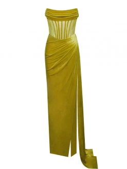 Miss Circle Priya Gold Draping Corset High Slit Velvet Gown