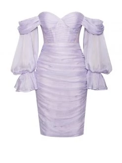 Miss Circle Sirene Lavender Silk Pleated Off Shoulder Balloon Sleeves Dress