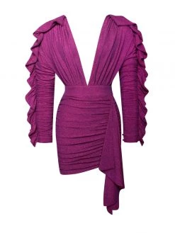 Miss Circle Xena Ruby Pink Draping Ruffle Sleeve Dress New In