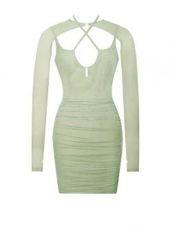 Miss Circle Flora Sage Green Mesh Long Sleeve Dress Dresses