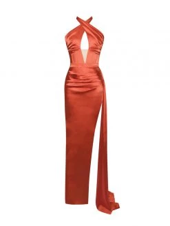 Miss Circle Wonder Poppy Satin High Slit Draping Gown