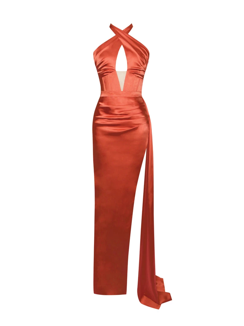 Miss Circle Wonder Poppy Satin High Slit Draping Gown