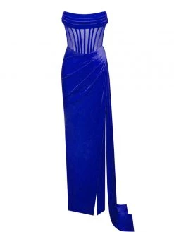Miss Circle Priya Royal Blue Draping Corset High Slit Velvet Gown Corsets