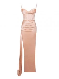 Miss Circle Elayna Blush Strappy Satin Corset High Slit Gown Corsets