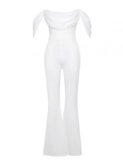 Miss Circle Sherlyn White Off Shoulder Flared Crepe Jumpsuit