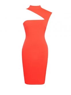 Miss Circle Jolene Orange Asymmetric Neck Cutout Detail Stretch Crepe Dress