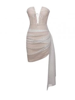 Miss Circle Sale Lexie White Metallic Fishnet Lace Up Draping Dress