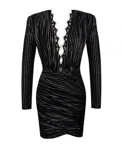 Miss Circle Kamila Black Stripe Velvet Long Sleeve Dress