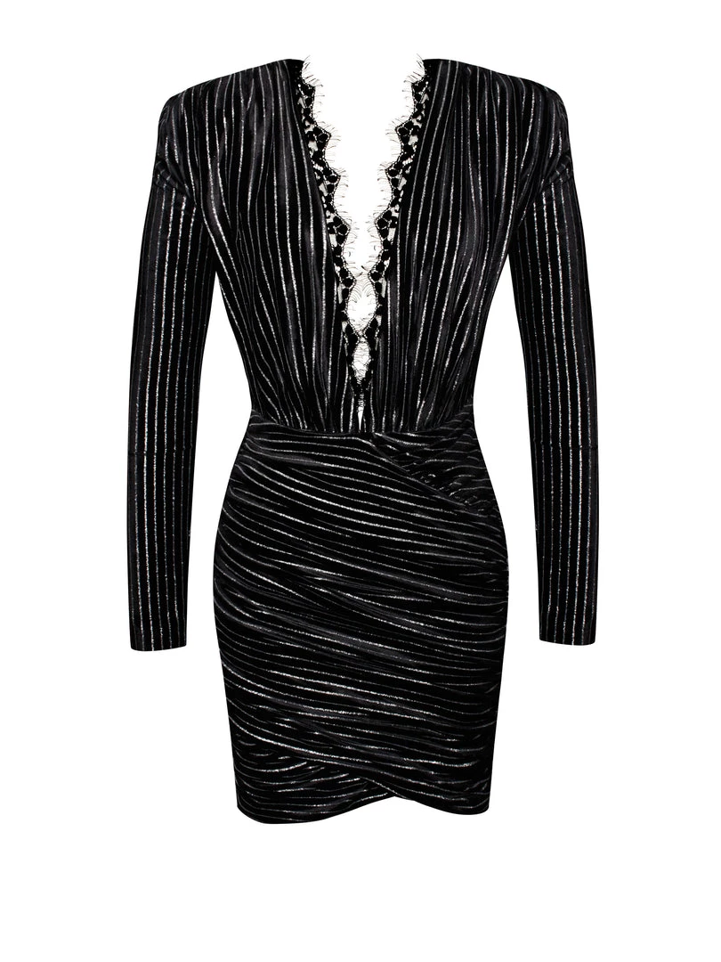 Miss Circle Kamila Black Stripe Velvet Long Sleeve Dress