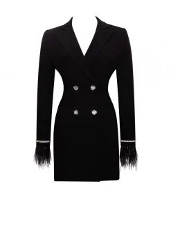 Miss Circle Quilla Black Feather Crystal Sleeve Backless Blazer Dress