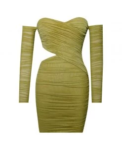 Miss Circle Mayara Mustard Off Shoulder Mesh Cutout Dress Dresses