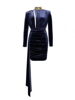 Miss Circle Gracyn Blue Cutout Long Sleeve Draping Velvet Dress Dresses