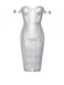 Miss Circle Best Sellers Irreplaceable Off Shoulder Silver Metallic Bandage Dress