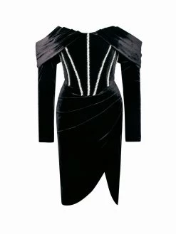 Miss Circle Nashla Black Off Shoulder Crystal Corset Velvet Dress