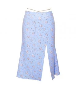 Miss Circle Mary Light Blue Floral Slit Skirt With Crystal Waist String Bottoms