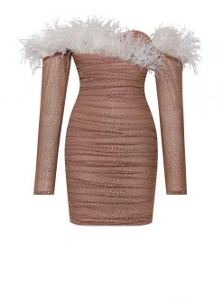 Miss Circle Casimira Nude Mesh Crystal Dress With White Feather Trim